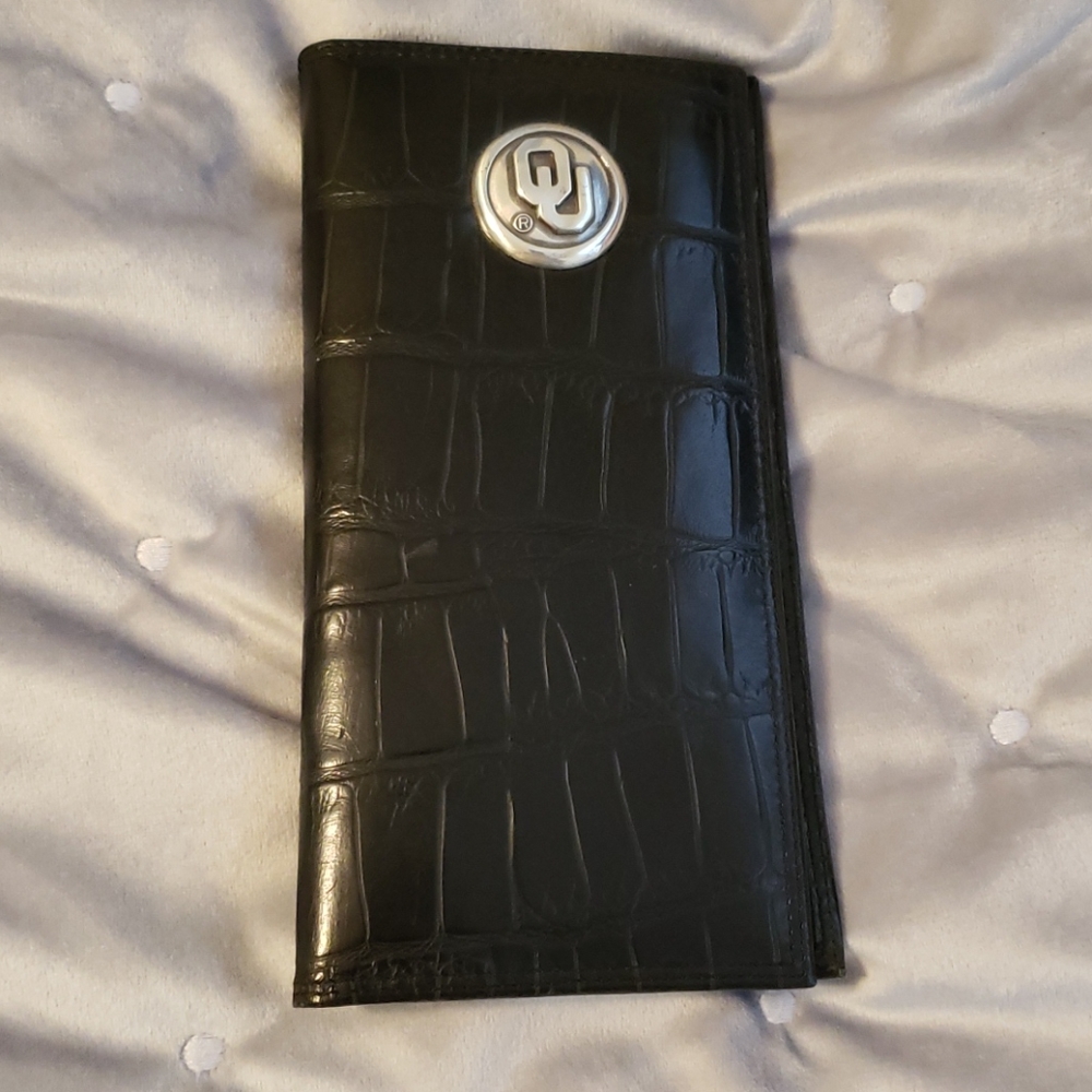 NEW OU Sooners black leather checkbook wallet